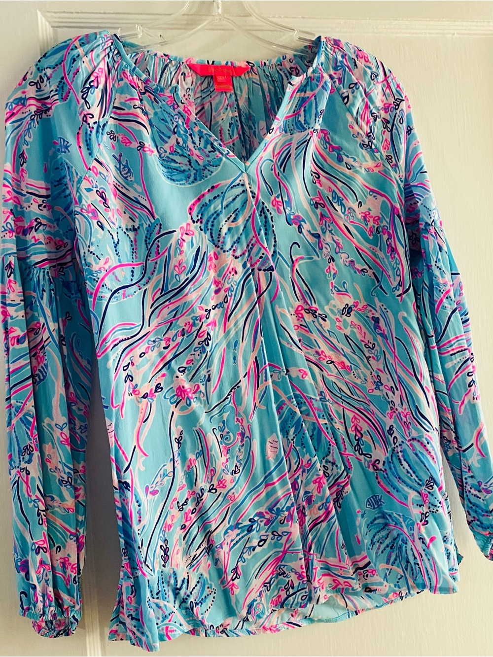 Lilly Pulitzer Sky Blue Pink Floral V-Neck Blouse